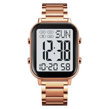 Imagem de Relógio Esportivo Clássico Unissex Masculino Digital Multifunções Pulseira de Aço Inoxidável Quadrado Impermeável Eletrônico LED, Malha - ouro rosa, Medium