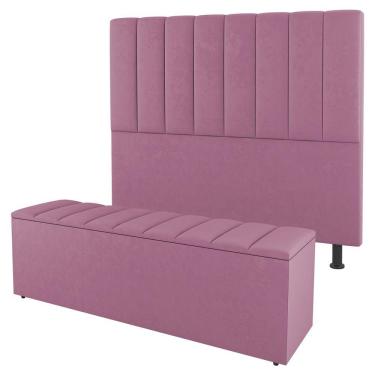 Imagem de Kit Cabeceira E Baú Cama Box Casal Cora 140cm Suede Rosa