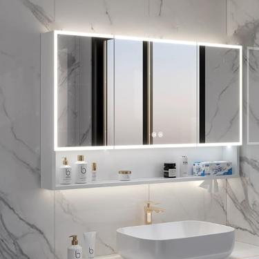 Imagem de Armário De Remédios Inteligente Com Luzes Led E Espelho, Espelho De Banheiro Com Armazenamento Antiembaçante, Penteadeira Com Espelho Com Interruptor D, White, 100 * 13 * 70cm/39.4 * 5.1 * 27.6in