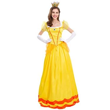 Imagem de ABEHIK Fantasia de princesa pêssego, vestidos longos de princesa para adultos, com coroa e luvas, fantasia de Natal para mulheres, festa de aniversário, fantasia, cosplay, amarelo, G