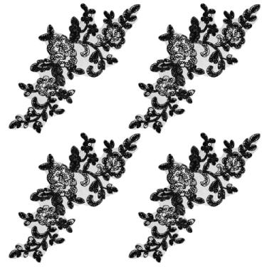 Imagem de Apliques de enfeites, 4 peças de remendos bordados de renda pretos bordados de renda lantejoulas contas florais bordado aplique aplique para casamento vestido de noiva costura artesanato roupas DIY