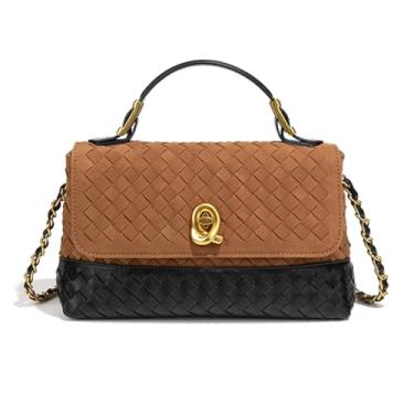 Imagem de Bolsa tiracolo feminina de camurça com alça superior de couro, bolsa de ombro pequena, Marrom