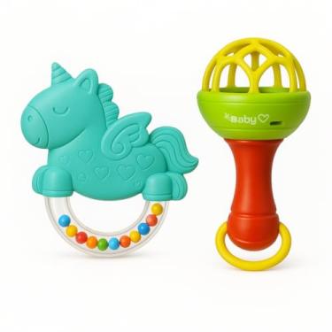 Imagem de Kit Chocalho Bastão + Mordedor Unicórnio com Bolinhas – Sensorial, Educativo e Seguro para Bebês – Cores Vibrantes, Fácil de Segurar, Estimula Coordenação, Audição e Dentição – Livre de BPA