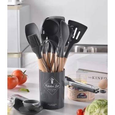 Imagem de Kit Utensílios de Cozinha com 12 Peças, Silicone e Madeira, Cabo Ergonômico, Incluindo Espátulas, Colheres, Pegador, Pincel Culinário e Porta-Utensílios