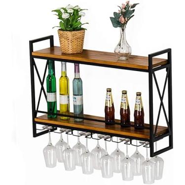 Imagem de Prateleira de parede vintage para cozinha de bar, prateleira de parede de 2 camadas para garrafas de vinho e suporte de taça de vinho, prateleiras flutuantes rústicas de metal e madeira (tamanho: 60 ×