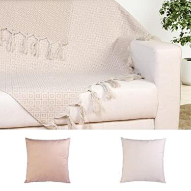 Imagem de Manta para Sofá Dupla Face Jacquard com Franja 1,40x3,50 + 2 Capas de Almofada (8949 bege)