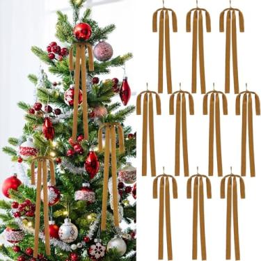 Imagem de Moiegouct Enfeites de laço de veludo longos cáqui 10PK decorações vintage de árvore de Natal, laço de fita grande para grinalda de escada, guirlanda de lareira, ótima decoração de férias, 50 x 40 cm