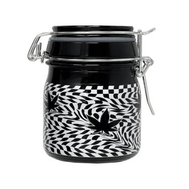 Imagem de Myriads Frasco de armazenamento de vidro hermético, preto com padrão xadrez, 9 x 6 cm, recipiente de vedação hermética (tabuleiro de xadrez preto e branco com folha)