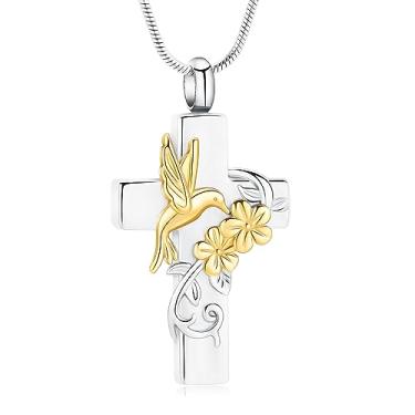 Imagem de mingkejw Colar de urna com cruz de beija-flor para cinzas, joia de cremação para mulheres e homens, colar memorial de aço inoxidável, suporte de cinzas para animais de estimação humanos, joia de