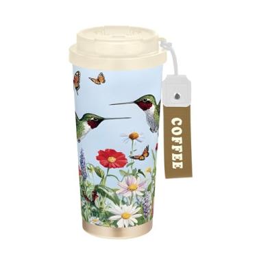 Imagem de SEHANY Caneca de viagem de pássaro colorida de 482 g Copos de café reutilizáveis revestidos de cerâmica com tampa à prova de vazamento, parede dupla, copo de café de aço inoxidável isolado a vácuo