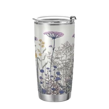 Imagem de xigua Copo de flores silvestres de jardim aquarela com tampa de palha, caneca de viagem a vácuo de parede dupla, caneca de café bem isolada, copo de aço inoxidável para bebidas quentes e frias, 600 ml