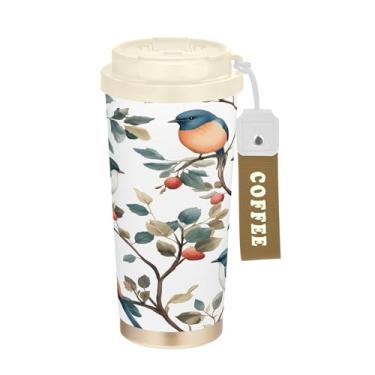 Imagem de SEHANY Caneca de viagem de pássaro colorida de 482 g Copos de café reutilizáveis revestidos de cerâmica com tampa à prova de vazamento, parede dupla, copo de café de aço inoxidável isolado a vácuo