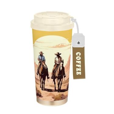 Imagem de SEHANY Caneca de viagem vintage caubói ocidental 482 g xícaras de café reutilizáveis revestidas de cerâmica com tampa à prova de vazamento, parede dupla, isolamento a vácuo, copo de café de aço