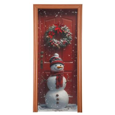 Imagem de Blueangle Linda capa de porta de boneco de neve de Natal - Capa de porta de tecido elástico para porta da frente - decoração de banner de porta de Natal para festas ao ar livre em casa (160)