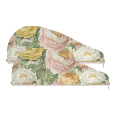 Imagem de SEHANY Toalha de cabelo de microfibra de flores coloridas elegantes para mulheres, 2 peças, turbantes de cabelo de secagem rápida com botão, touca de cabelo seco absorvente toalha de secagem de cabelo
