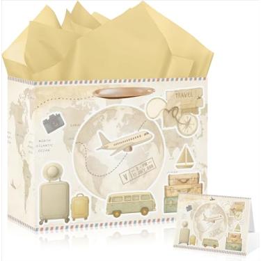 Imagem de Cut-Nic Bolsa de presente com tema Let the Adventure Begin de 30,5 cm para decorações de festa de todo o mundo, com alça de cartão de felicitações e papel de seda, sacos de lembrancinha de mapa do