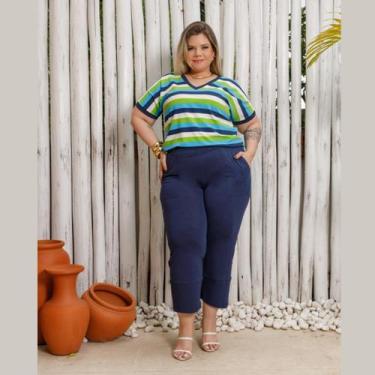 Imagem de Conjunto Verão Blusa Listrada Manga Curta e Calça Capri Plus Size - Ro