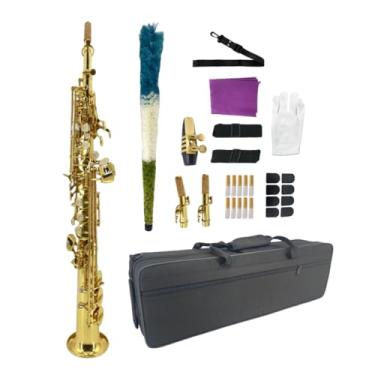 Imagem de WUQIMUSC Saxofone soprano reto Bb – Acabamento em laca dourada, design ergonômico com capa, bocal, alça de pescoço e acessórios, ideal para iniciantes e jogadores avançados
