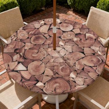 Imagem de Yesad Toalha de mesa redonda para uso ao ar livre com orifício para guarda-chuva, toalha de mesa com zíper e borda elástica, capa de toalha de mesa à prova d'água para piqueniques, serve para mesa