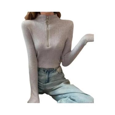 Imagem de Suéter Feminino De Tricô Gola Alta Slim Com Zíper Pulôver Básico Sólid