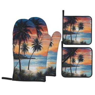 Imagem de Coconut Tree Beach - Conjunto de luvas de cozinha estampadas com suportes de tampa, luvas de forno resistentes ao calor para manusear panelas quentes, grelhar, churrascos, kit de 4 peças.