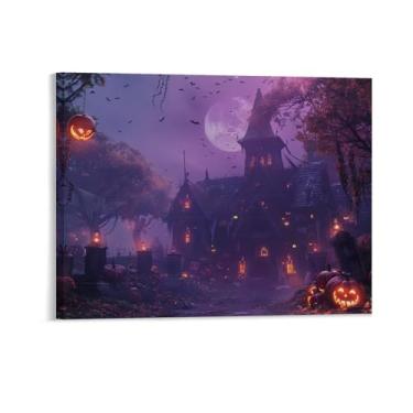 Imagem de HouLaiZhe Pôster de Halloween Castelo de Abóbora Lua Roxa Impressão de Arte de Parede Decorações de Halloween Decoração de Parede Estética Gótica para Sala de Estar Quarto 11 x 14 polegadas (28 x 35