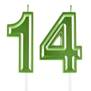 Imagem de Velas de aniversário de 14 anos, numerais verdes, 14, enfeite de bolo, decoração para meninas e meninos, tema de aniversário, festa de casamento, artigos para celebração