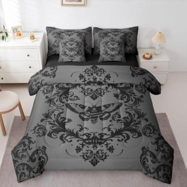 Imagem de Feelyou Conjunto de edredom para adultos, preto, cinza, vintage, damasco, floral, Queen, com 7 peças, decoração de quarto de microfibra macia