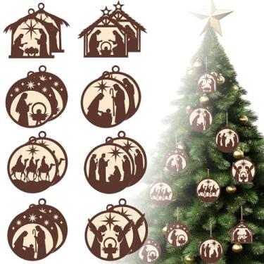 Imagem de Conjunto de 16 enfeites de Natal de presépio de madeira - 8 designs e 8 designs, lembrança decorativa do nascimento de Jesus, decorações de Natal cristãs, presentes religiosos