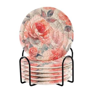 Imagem de Qilmy Conjunto de 6 peças de porta-copos de rosas bonitas ou porta-copos de bar para bebidas, porta-copos de fazenda ou porta-copos de mesa rústicos, porta-copos modernos de algodão para o Natal175