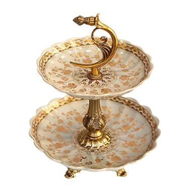 Imagem de YYBOES Fruteira prato de frutas novo chinês retrô feito à mão prato de frutas de cerâmica casa sala de estar restaurante mesa tigela de frutas de camada dupla prato de doces prato de frutas