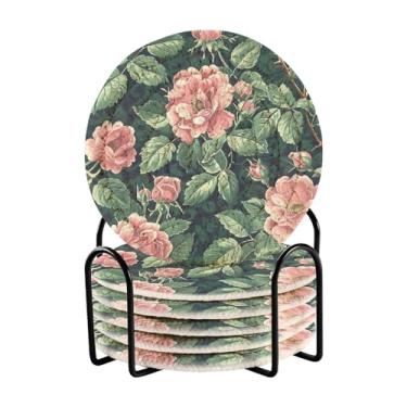 Imagem de Qilmy Conjunto de 6 peças de porta-copos de peônias bonitas ou porta-copos de bar para bebidas, porta-copos de fazenda ou porta-copos de mesa rústicos, porta-copos modernos de algodão para o Natal432