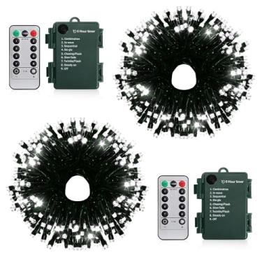 Imagem de KOUQIYA Cordão de luzes operadas por bateria com controle remoto, pacote com 2 luzes de Natal com 50 LEDs, fio verde escuro com temporizador, 8 modos para decoração de árvore de Natal (branco frio, 50