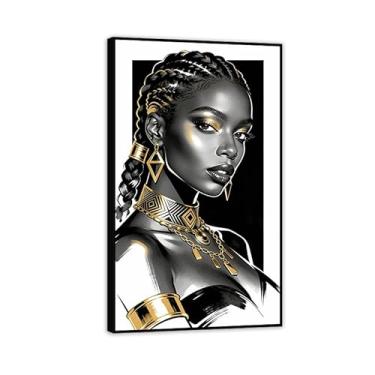 Imagem de SDYJ6GSW Arte de parede em tela feminina preta e dourada imagem de menina negra pintura afro-americana impressões de retrato arte abstrata para sala de estar quarto escritório decoração de parede 30 x