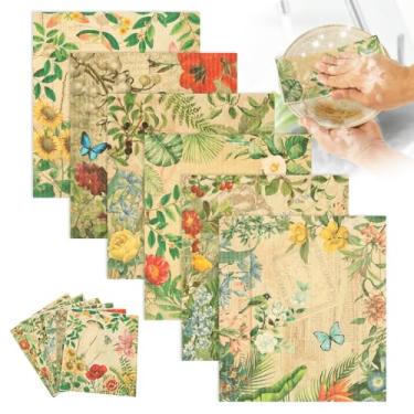 Imagem de Pacote com 6 panos de prato suecos, panos de prato de limpeza de cozinha reutilizáveis, alternativa de esponja de lavagem absorvente e de secagem rápida, panos de papel de design de flores de cores