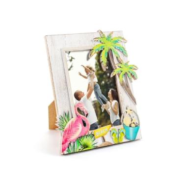 Imagem de OKSQW Moldura para fotos Flamingo Palm Beach, 10 x 15 cm, moldura decorativa para pendurar na parede e na mesa, presente para viagens comemorativas e decoração de casa (branca)