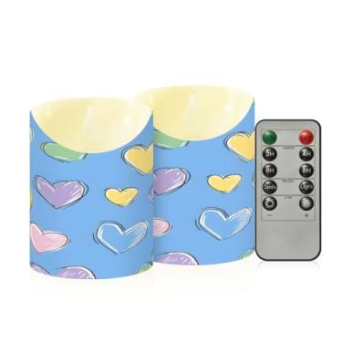 Imagem de Wassud Pacote com 2 velas coloridas sem chama com corações desenhados à mão com controle remoto, velas realistas cintilantes com temporizador, velas decorativas para Natal, casamento, festa, decoração