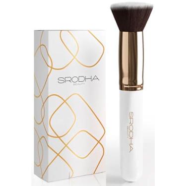 Imagem de SRODHA Conjunto de pincéis de maquiagem Beauty | Kit de 3 peças | Pincéis faciais, base líquida, corretivo em pó, blush | Inclui Kabuki de topo plano, esponja para liquidificador de maquiagem e tapete