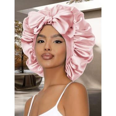 Imagem de Touca de dormir externa com tiras ajustáveis de seda com faixa de gravata para mulheres, cabelo encaracolado natural, rosa