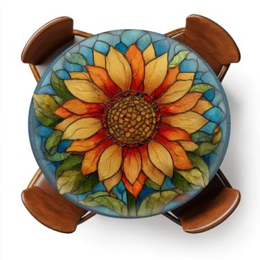 Imagem de YEYE JUICE Toalha de mesa redonda com elástico para uso externo para mesas de 114 a 142 cm, capa de mesa redonda à prova d'água para jantar interno, piquenique, acampamento (girassol artístico)