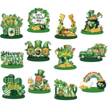 Imagem de Wesiti 12 peças de decoração de mesa de dia de São Patrício Dia de São Patrício mesa de madeira centro de mesa gnomo trevo trevo carro placas de mesa rústica fazenda irlandesa bandeja em camadas