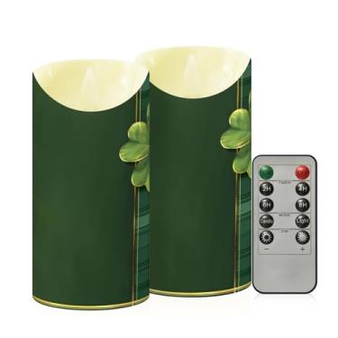 Imagem de Wassud Pacote com 2 velas de trevo xadrez verde sem chama com controle remoto, velas realistas cintilantes com temporizador, velas decorativas para Natal, casamento, festa, decoração de casa média