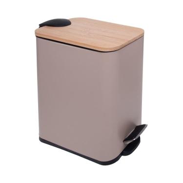 Imagem de Lixeira 5L Retangular de Metal com Pedal e Tampa em Bambu Bege Lyor