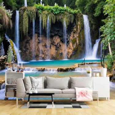 Imagem de Murais de parede de tamanho personalizado, cascatas de cachoeira, tecido de parede autoadesivo para piscinas turquesa (sem PVC) Papel de parede grande removível para sala de estar, quarto, escritório