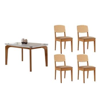 Imagem de Sala Jantar Mesa Londrina Tampo c/ Vidro Curvo 120cm+4 Cadeiras Havana Naturale/Off White - Linho Bege - Rufato