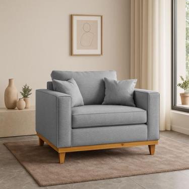 Imagem de Poltrona Sofa Benny com Almofada Linho Base de Madeira Castanho - ARKE