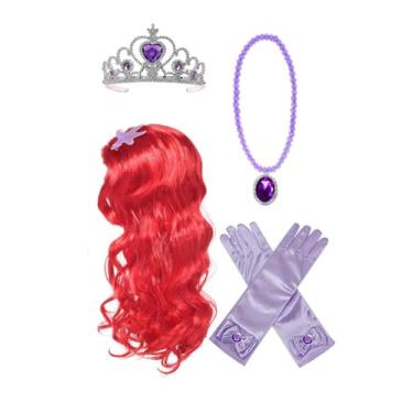 Imagem de Peruca de Princesa Sereia Ariel Trança com Tiara de Princesa e Colar Luvas Não Incluindo Vestido Princesa Sereia Ariel, Fantasia de Dia das Bruxas Acessórios Cosplay para Crianças Meninas