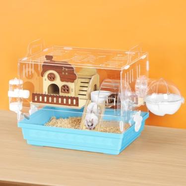 Imagem de Gaiola de Hamster de Acrílico Pequeno Habitat para Hamster 360 com Roda de Corrida e Esconderijo à Prova de Mastigação para Anão, Porquinho-da-Índia, Gerbos, Azul, 33,8 cm C x 26 cm L x 31,5 cm A