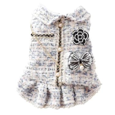 Imagem de PalmPurr Casaco de tweed para cães outono inverno com design de pérolas, vestido de lã quente para cães e gatos pequenos, roupas fofas para filhotes com laço e flor, roupa de estimação de luxo para