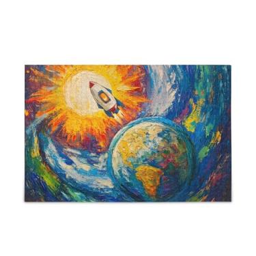 Imagem de Quebra-cabeça com 500 peças de pintura de foguete espacial da Terra, quebra-cabeça composto de papel e madeira para homens com bolsa de armazenamento